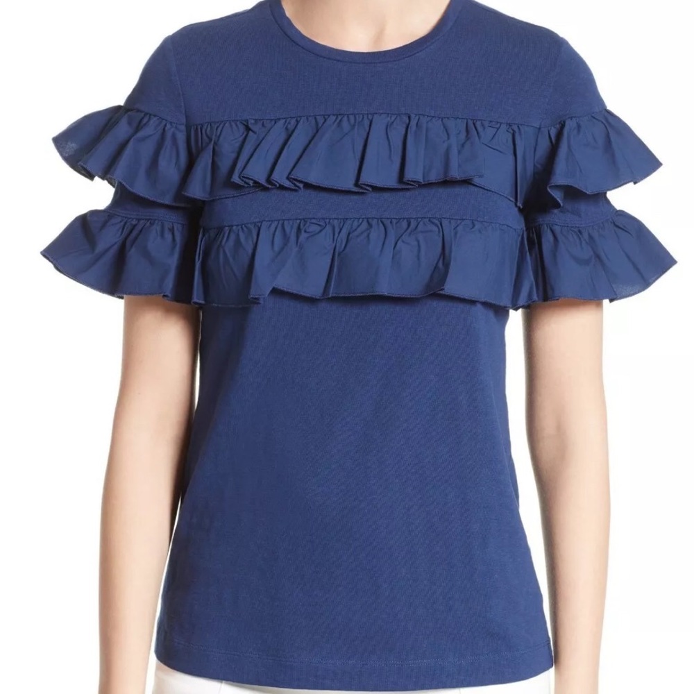 Tory Burch Lenox Ruffle Tee Navy Blue Small